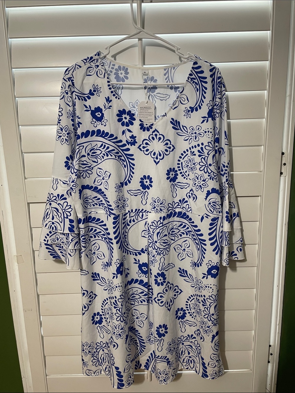 White and Blue Floral V-Neck Women's Dress